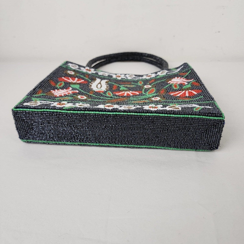 Vintage Handbag Glass Seed Beaded Floral Purse Black Red Flower Vietnamese - Picture 4 of 11